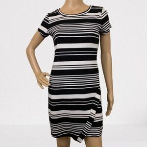 Pink Rose Black White Striped Asymmetrical Mini Dress Size S